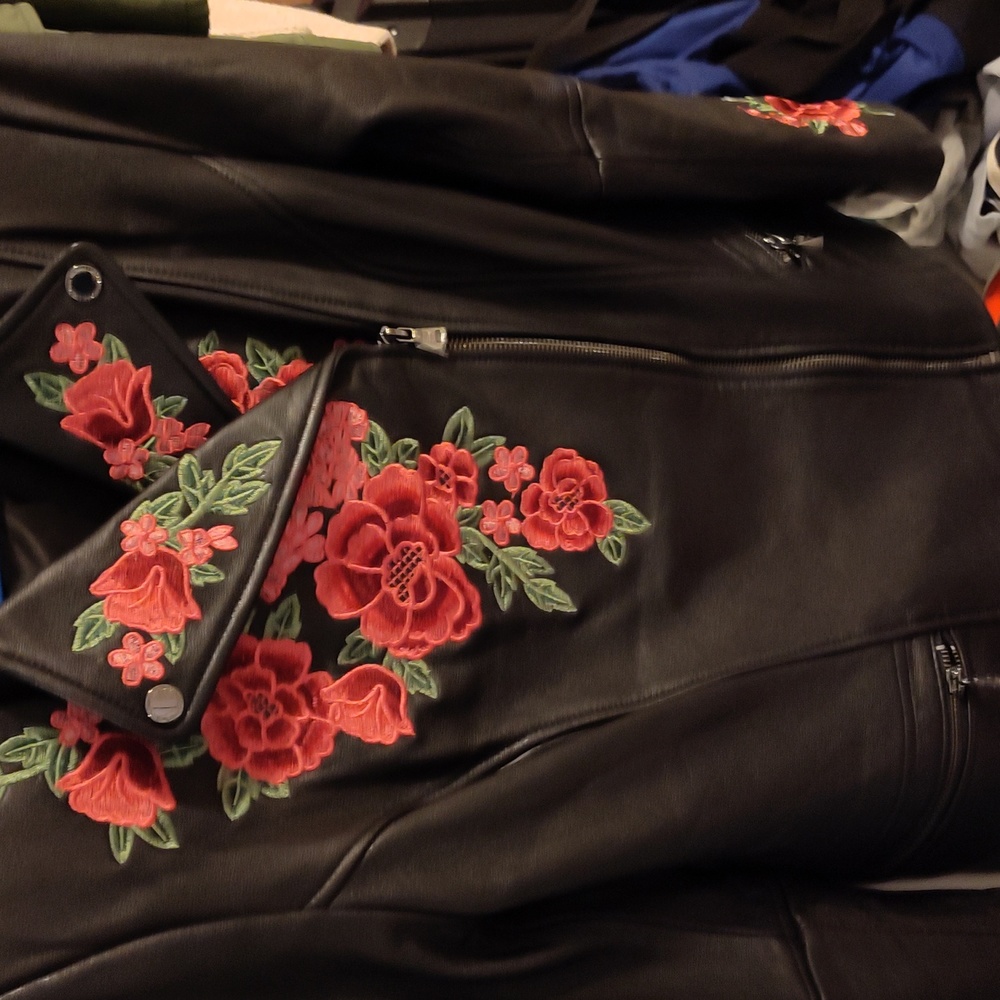 New Black leather Jacket w/embroidery